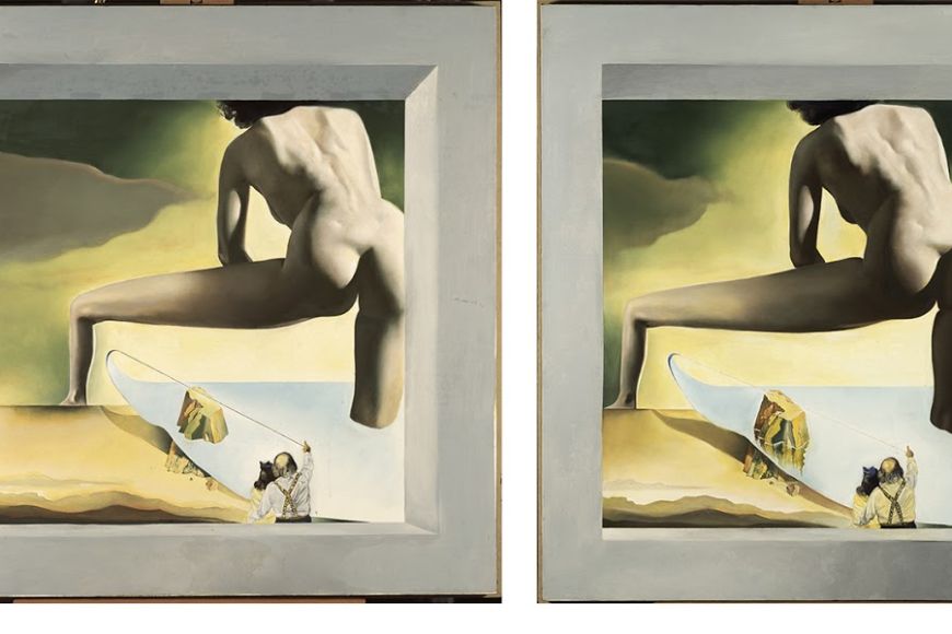 'Dalí aixecant la pell de la mar Mediterrània per mostrar a Gala el naixement de Venus'.Obra estereoscòpica. 1978 Oli sobre tela 100,5 x 100,5 cm (cada pintura)© Salvador Dalí. Fundació Gala-Salvador Dalí / VEGAP, Figueres, 2016