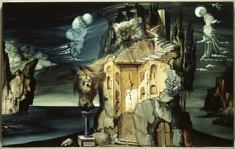 Projecte per a «Tristany foll» c. 1944 Oli sobre tela Pintura per a un dels telons del ballet Tristany i Isolda basat en l’obra homònima de Richard Wagner. Dalí el descrivia com el primer ballet paranoic inspirat en el mite etern d’amor i mort | © Salvador Dalí, Fundació Gala-Salvador Dalí/VEGAP, Figueres, 2023