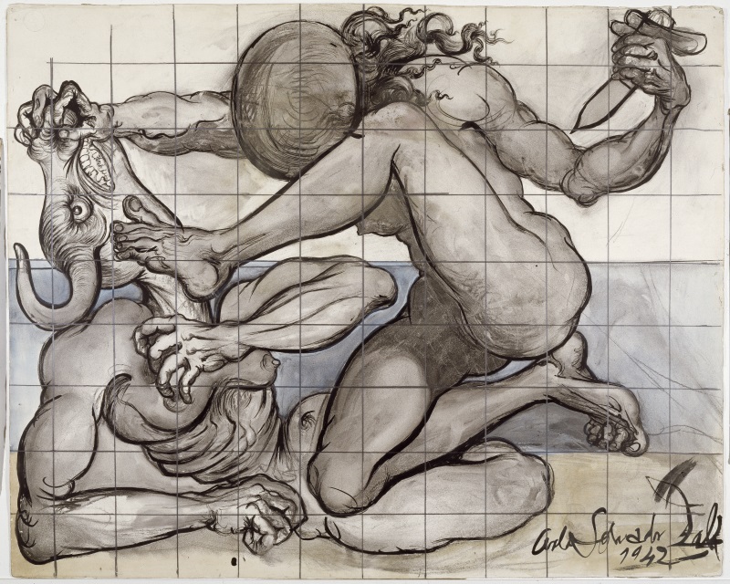 «Projecte per a ballet 1942» Tinta xinesa, aiguada, guaix, carbonet i grafit sobre paper Dibuix inspirat en el mite del Minotaure i el laberint, amb influència picassiana | © Salvador Dalí, Fundació Gala-Salvador Dalí/VEGAP, Figueres, 2023