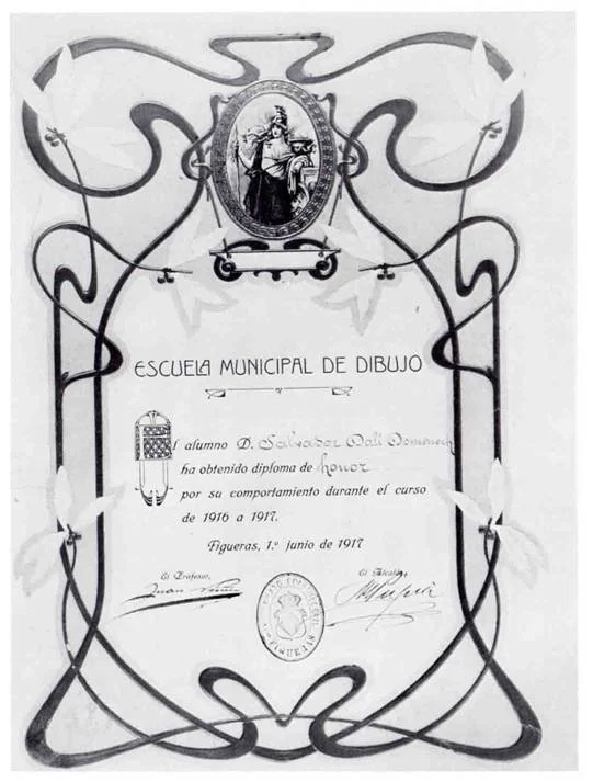 Figueres, 1 de juny de 1917. Diploma a favor de Salvador Dalí, signat per Joan Núñez i l’alcalde