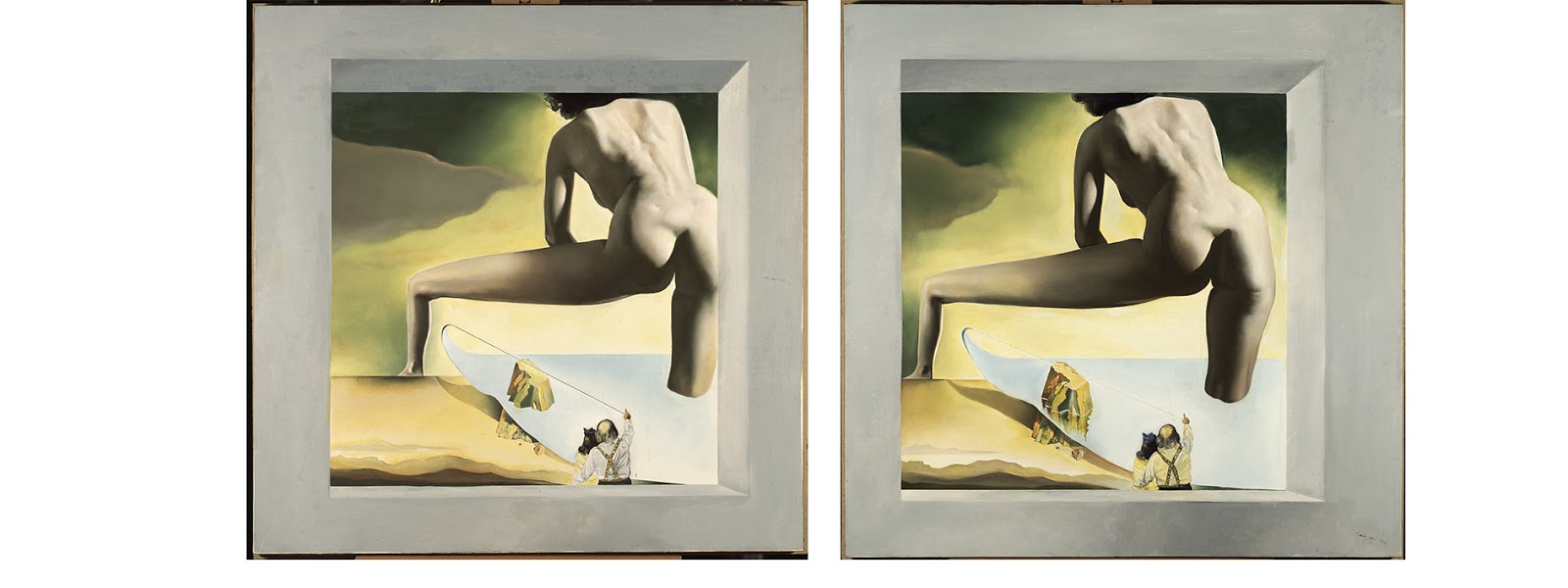 'Dalí aixecant la pell de la mar Mediterrània per mostrar a Gala el naixement de Venus'.Obra estereoscòpica. 1978 Oli sobre tela 100,5 x 100,5 cm (cada pintura)© Salvador Dalí. Fundació Gala-Salvador Dalí / VEGAP, Figueres, 2016