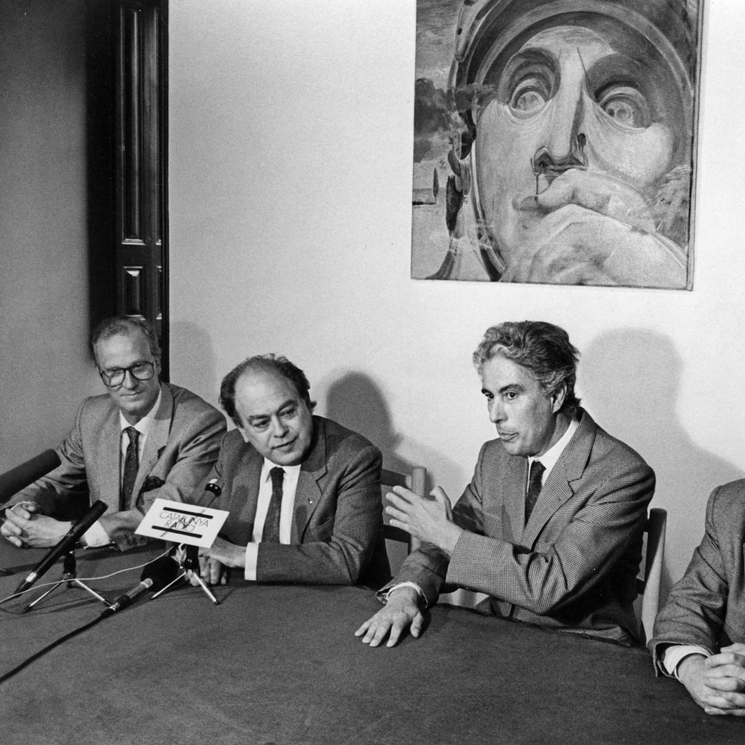 Marià Lorca,a  l'esquerra, en una roda de premsa amb Jordi Pujol i Antoni Pitxot a Torre Galatea